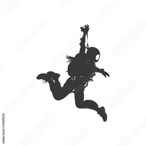 Silhouette skydiver woman in action full body black color only