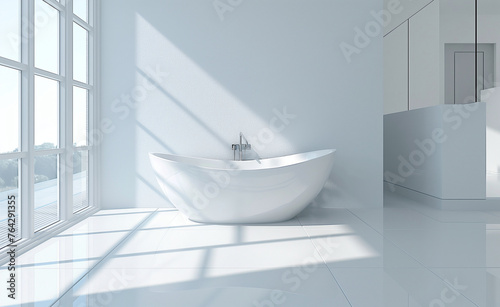 A modern  minimalist bathroom with a sleek white bathtub and large windows allowing natural light to flood in.