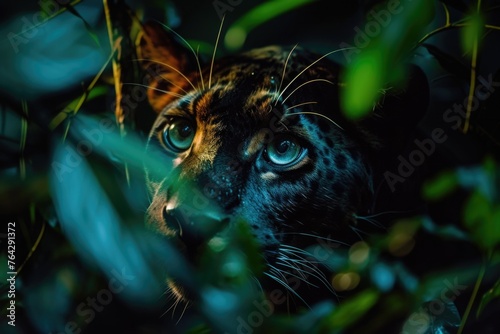Panther Peering Through Lush Leaves
