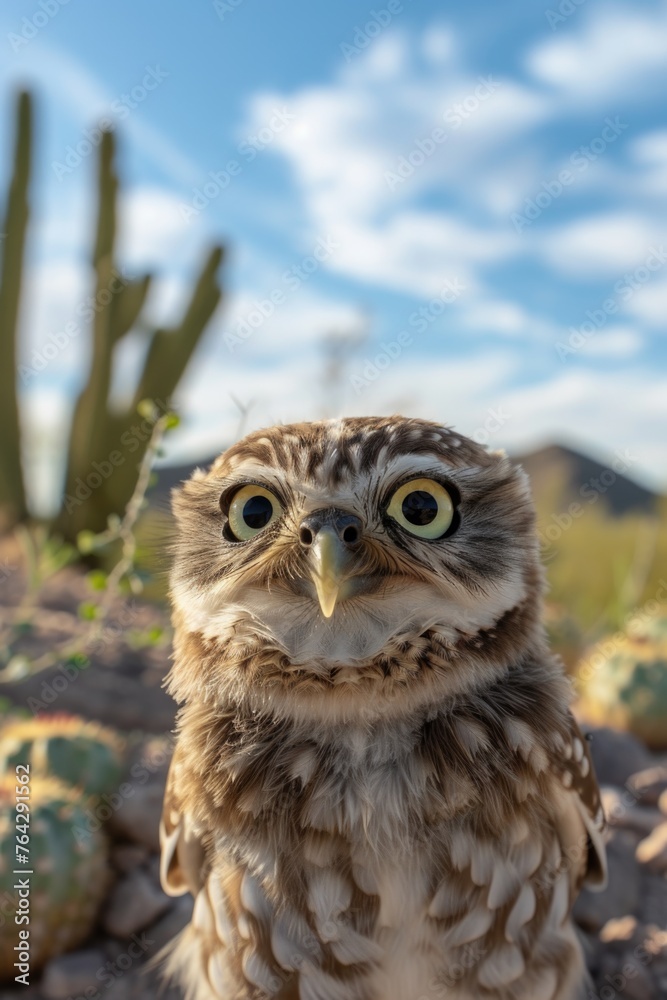Obraz premium Close-Up of a Burrowing Owl Among Cacti
