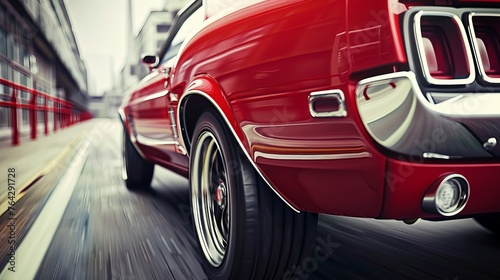 A dynamic rear angle view of a generic red American muscle car, conveying speed and