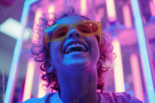 Child with curly hair laughing under neon lights wearing yellow sunglasses