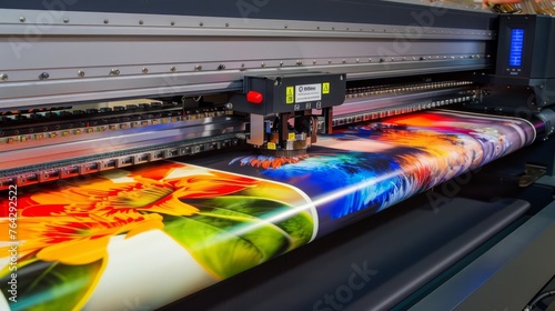 A large-format inkjet printer at work, a key tool in producing banners, posters, and other large printed materials