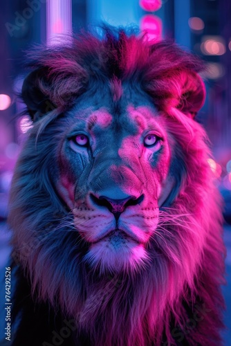 Lion Amidst Neon City Glow