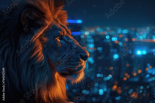 Lion overlooking the city skyline