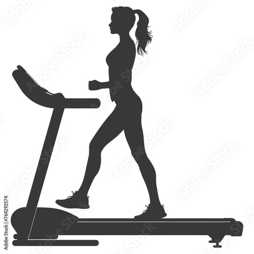 Silhouette woman using a treadmill full body black color only