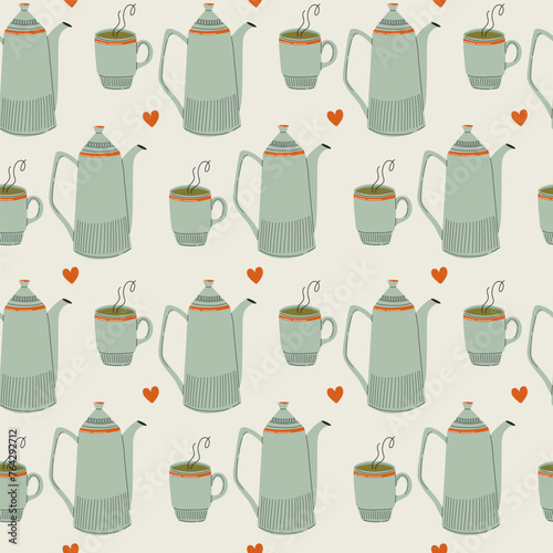 Seamless pattern with ceramic kitchen utensils and hot drink. Cute retro style background. Hand drawn vector illustration for coffee shop, cafe, and restaurant.
