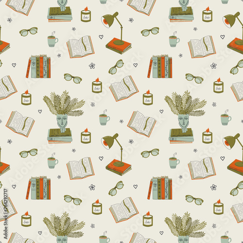 Seamless pattern with cozy home interior stuffs. Book stack, houseplant, eyeglasses, coffee, aroma candle. Hygge home atmosphere. Retro style vector background.