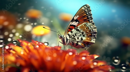 close up view of colorful butterfly on the flower with water drops background © kucret