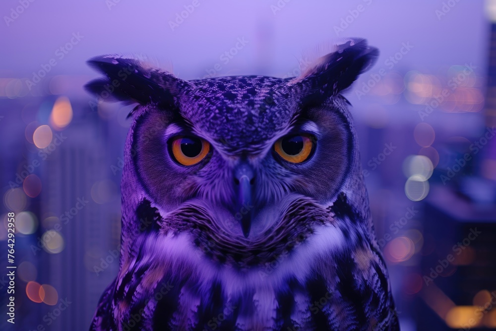 Owl against neon cityscape background Owl against neon cityscape background