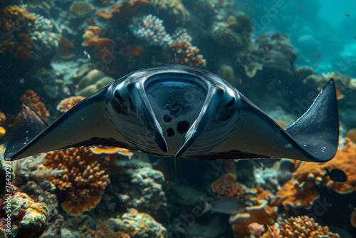 Manta ray swimming in the ocean in French Polynesia © Dzmitry