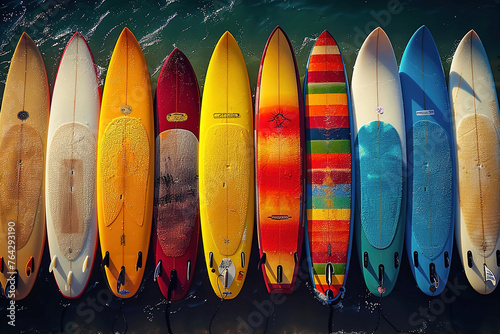 Many colorful surfboards arranged on the beach. Surf background pattern. © Degimages