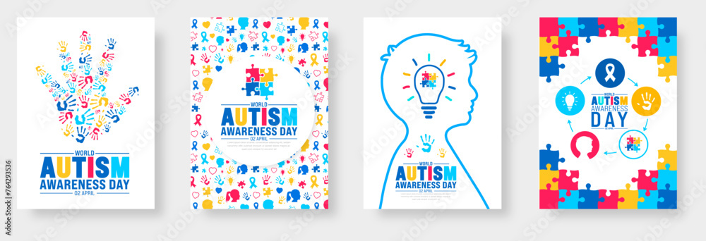 2 April world Autism Awareness Day book cover design set. Autism Awareness Day banner or background bundle with puzzle piece, kids raising hand, child hand, ribbon, love icon, child girl, boy vector. - obrazy, fototapety, plakaty 