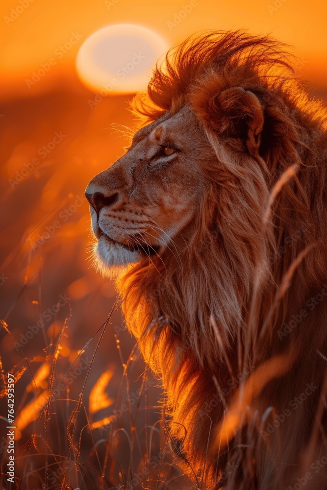 Fototapeta premium Majestic lion against sunset background