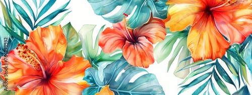 Tropical pattern with bright hibiscus flowers and exotic palm leaves on white background. Exotic floral jungle backdrop. Botanical wallpaper in Hawaiian style