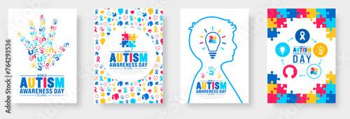 2 April world Autism Awareness Day book cover design set. Autism Awareness Day banner or background bundle with puzzle piece, kids raising hand, child hand, ribbon, love icon, child girl, boy vector. #764293536