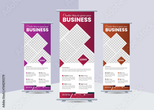Modern creative corporate business standee x rollup pullup advertising vertical banner with geometric promotion trendy marketing vector bundle template