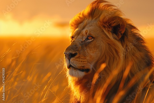 Majestic lion against sunset background