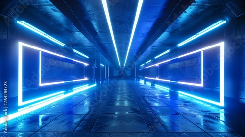 A sci-fi-inspired neon blue laser light display in a modern underground setting, suggesting a futuristic or high-tech ambiance
