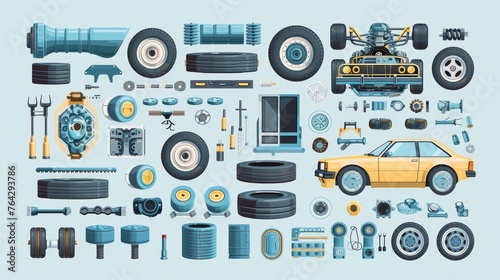 A set of vector illustrations of car parts, offering a stylized representation of essential automotive components