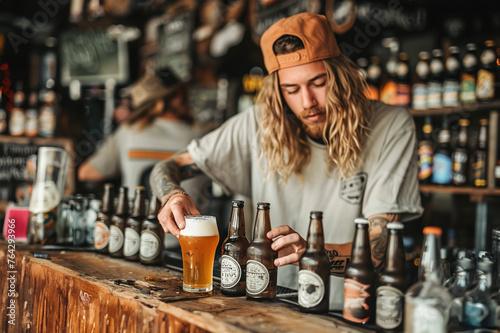 A craft brewery, variety of craft beers, growlers, and brewery merchandise neatly arranged on wooden shelves. A master brewer offers beer.