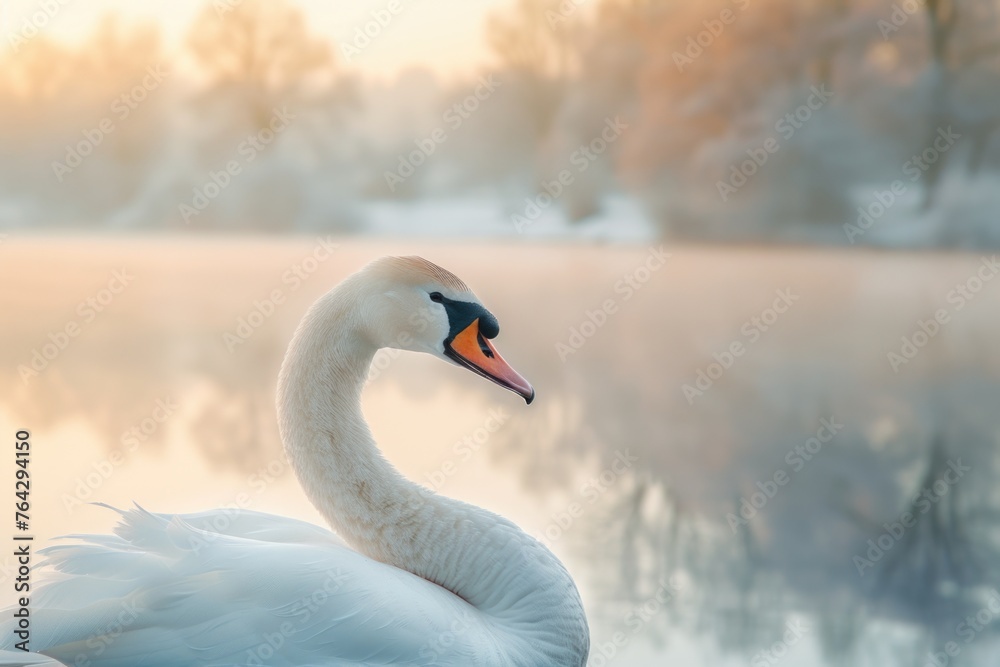 Fototapeta premium Serene Swan in Misty Waters at dawn