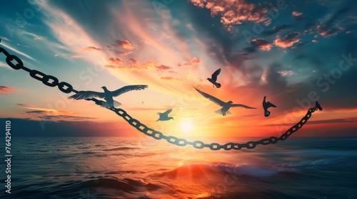 A symbolic representation of freedom and breaking free from constraints, visualized through birds flying away from broken chains
