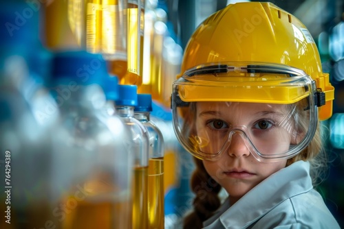 Young aspiring scientist with lab safety gear observes chemical bottles