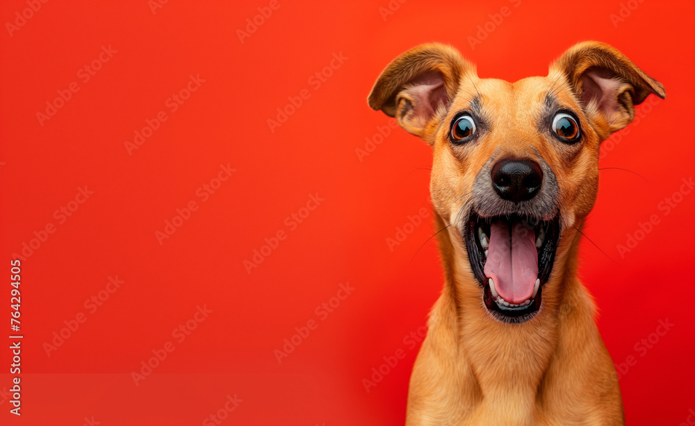 Surprised shocked dog with open mouth and big eyes isolated on flat solid background Surprised shocked dog with open mouth and big eyes isolated on flat solid background