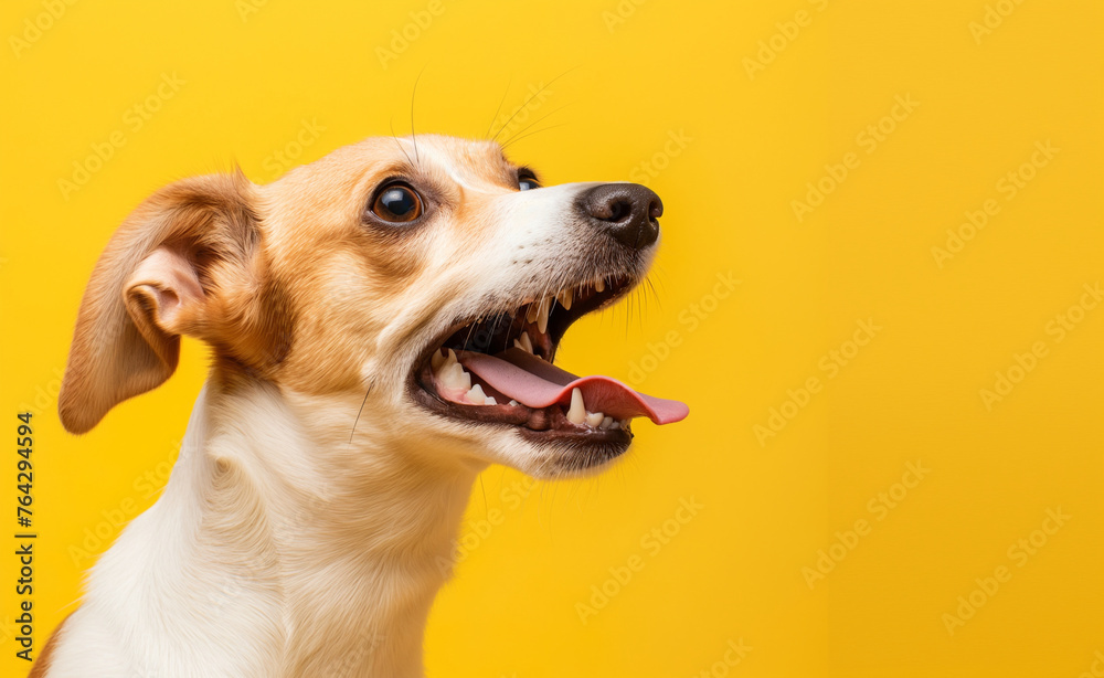 Surprised shocked dog with open mouth and big eyes isolated on flat solid background - obrazy, fototapety, plakaty 