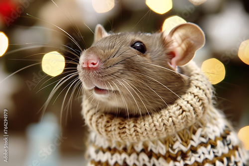 Rat Wearing Sweater With Christmas Tree Background