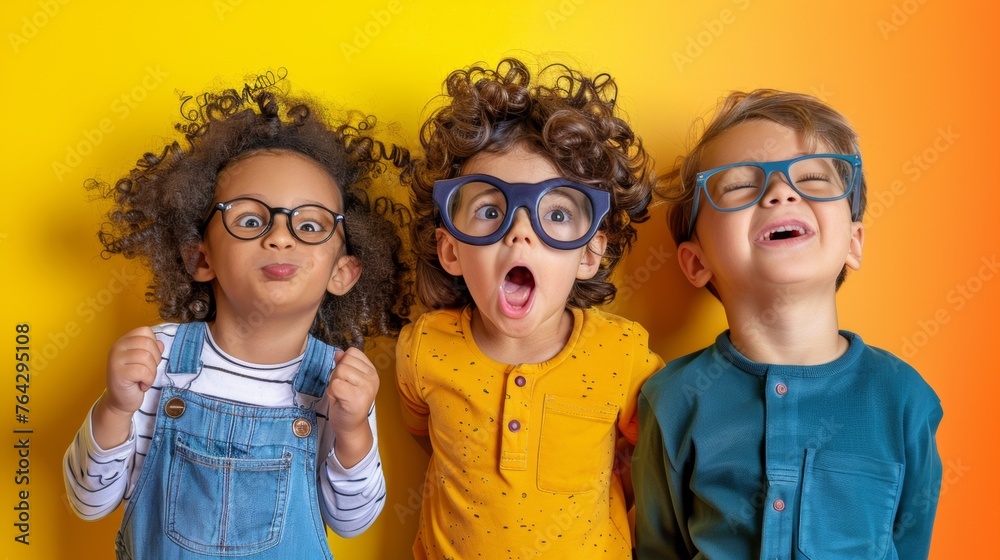 Three young children wearing glasses on a yellow background