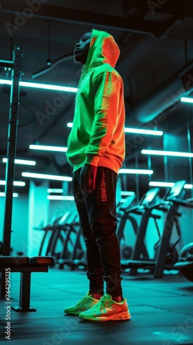 A man in a neon hoodie standing in a gym