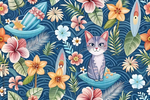 Cats and Surfboards in a Tropical Floral Pattern