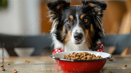 Adorable border collie eating from a bowl, moment of pet's mealtime captured. perfect image for pet care and nutrition. dog-focused, candid style. AI photo