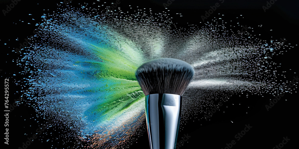 A makeup brush coated with vibrant colored powder, creating a striking visual effect against a neutral background. - obrazy, fototapety, plakaty 