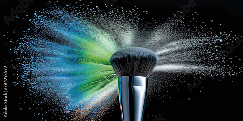 A makeup brush coated with vibrant colored powder, creating a striking visual effect against a neutral background.