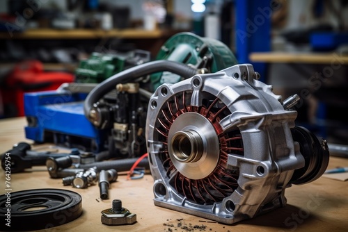 An alternator captured in its natural habitat - an industrial garage filled with mechanical instruments