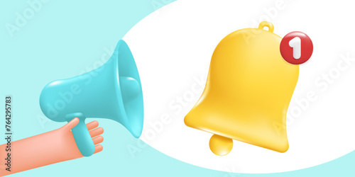 Bell - a message or call, an important call. Loudspeaker in hand, megaphone, conceptual advertising banner, 3D vector illustration.
