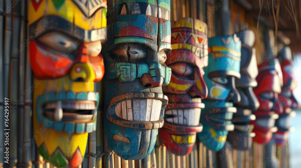 A bunch of colorful wooden masks hanging from a wall