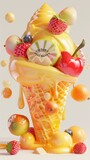 An ice cream cone filled with lots of fruit