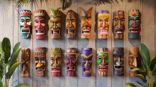 A bunch of wooden masks hanging on a wall photo