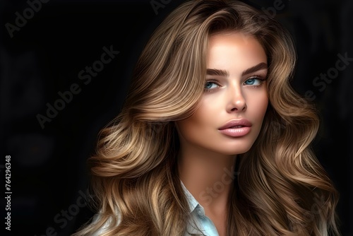 Woman With Balayage Hair On Black Background. Concept Hair Photography, Balayage Hair, Black Background, Women's Hairstyles, Studio Photoshoot