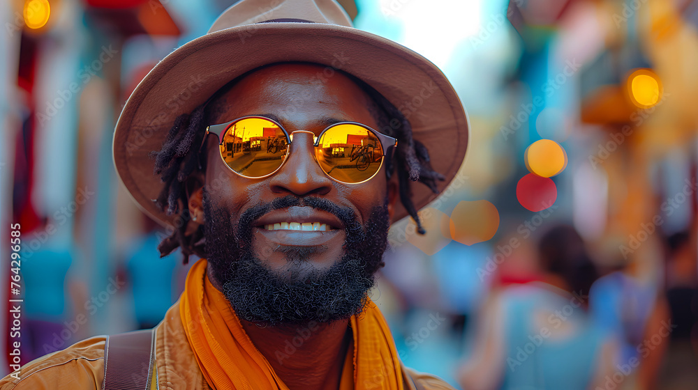 Urban Vibes: Fashionable Man with Sunglasses and Fedora Enjoying the City Life Urban Vibes: Fashionable Man with Sunglasses and Fedora Enjoying the City Life