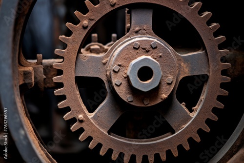 Detailed image of a rusty machine wheel revealing the beauty in industrial wear and tear