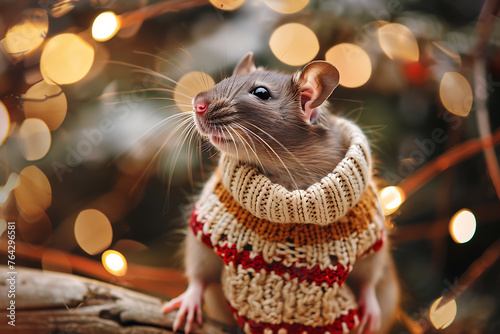 Rat Wearing Christmas Sweater With Tree Background photo
