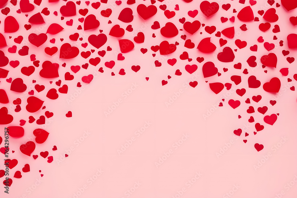 Valentine's day background with red hearts on pink background.