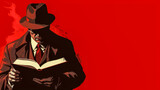 Mysterious detective reading in red shadows