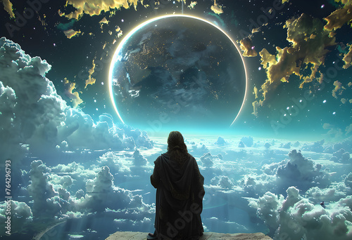 God observing the earth from the sky while godless people watch our world.