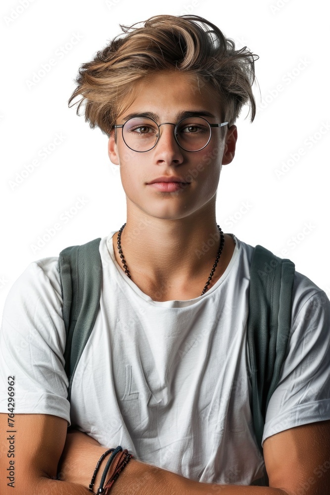 A young man wearing glasses and a backpack.